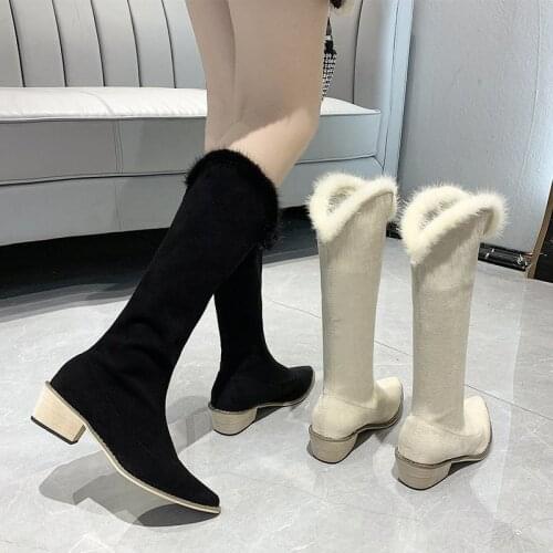 Pointed High Boots Women Autumn and Winter Fashion Korean Style Thick Heel Sleeve Boots Mink Hair Casual Martin Boots Women