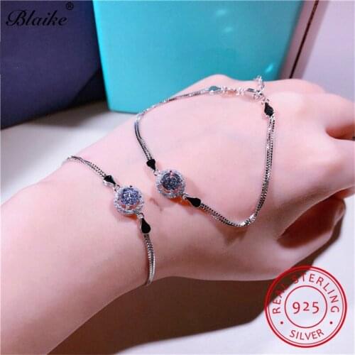 Genuine 925 Sterling Silver Bracelets For Women Round White Sapphire Crystal Bracelet Zircon Chains Bangles Wedding Fine Jewelry