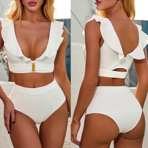 Women New Fashion Sexy Summer White Swimsuit Bikini Metal Buttons Flounces