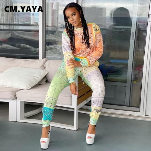 CM.YAYA Women Set Bandanna Paisley Print Full Sleeve O-neck Tees Tops Stretchy Pencil Pants Two 2 Piece Sets Casual Outfit Fall