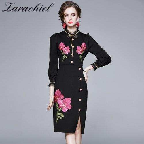 Runway Autumn Womens Mesh Ruffled Collar Bow Dress Vinatge Long Sleeves Floral Embroidery Package hip Button Split Dresses