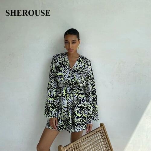 SHEROUSE Fashion Women Printed Dress with Sashes Vintage Long Sleeves V-neck Chic Lady Casual Woman Leopard Mini Short Dresses