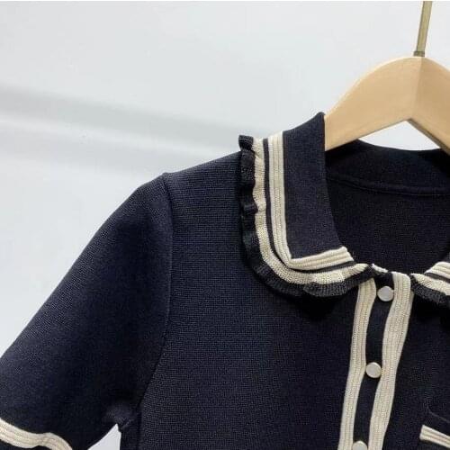 Women Knitted Dress Short Sleeve Turn-Down Collar Contrast Color Knee-Length Dress 2021 Early Autumn Ladies Robe