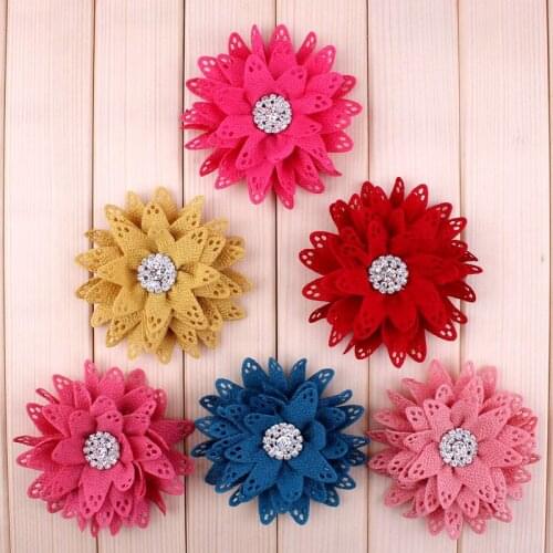 5pcs/lot 3.6" 6Colors Newborn Fabric Flowers+Bling Rhinestone For Children Accessories Chic Artificial Hollow Out Hair Flowers