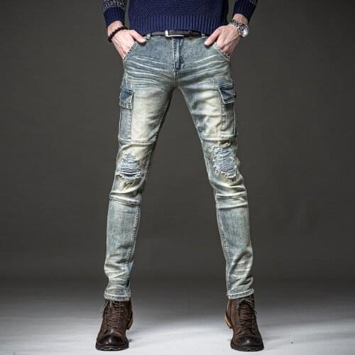 Free shipping new fashion male mens Retro jeans hole patch casual stretch overalls stitching American trendy denim pants