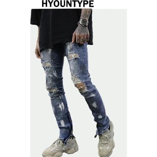 Bottom Zipper Destroyed Jeans Skinny Jeans Ripped Slim Mens Biker Jeans Fashion Graffiti Printed Streetwear Hip Hop Pants Jogger