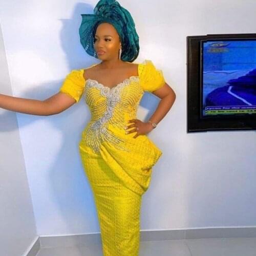 Elegant Yellow Evening Dresses Crystals Sheath Evening Dress 2021 Aso Ebi Prom Gowns vestidos de fiesta robe de soiree longue