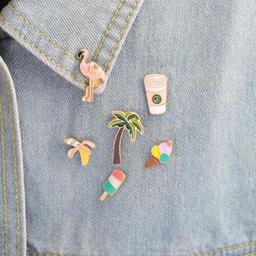 Hawii Party Enamel Pins Pink bird Coconut Trees Ice Cream Banana Coffee Brooches Clothes Bag Badge Cartoon Jewelry Gift