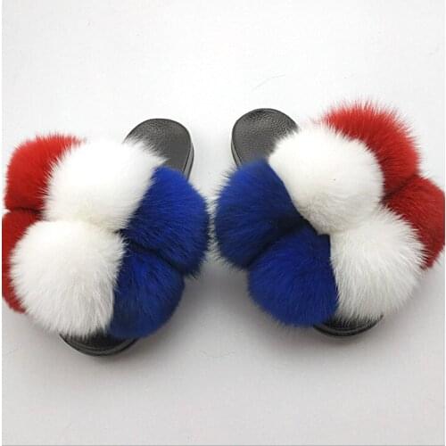 Venus chan European and American fashion home flat colored fur slippers fox fur ball slippers female foreign trade sandals