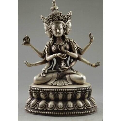 COLLECTIBLE DECORATED OLD HANDWORK TIBET SILVER CARVE BUDDHA 3 HEAD 6 ARM STATUE WHOLESALE FACTORY ARTS OUTLETS
