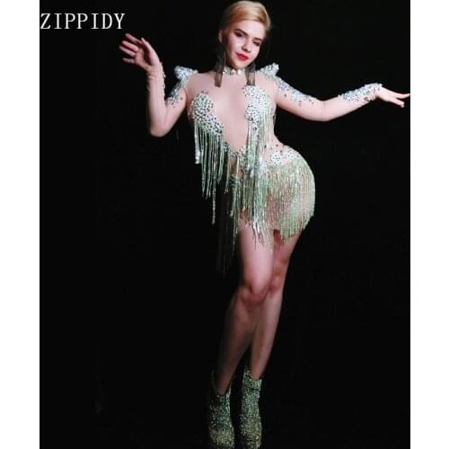 New design Summer Mesh Sexy Pearls Crystals Chains Dress See Through Party Celebrate Tassels Costume Nightclub Fringes outfit