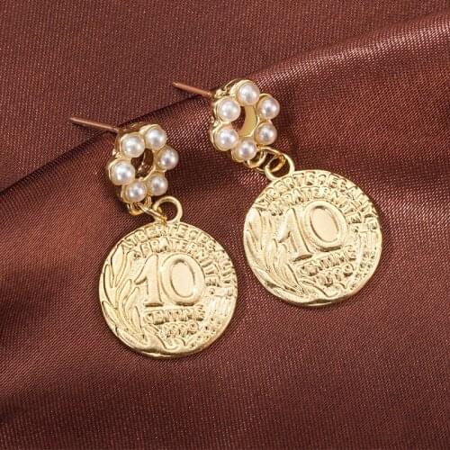 Fashion Pearl Round Drop Earrings For Women Vintage Coin Female Hanging Earrings 2021 Trend Party Statement Gold Modern Jewelry