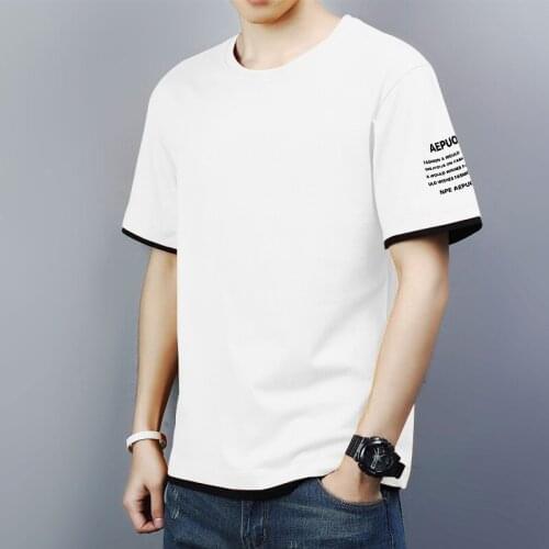 Mens Fashionable T-shirt Fake Two Simple Ins Male Round Collar Clothing Short Sleeve Summer Tshirt