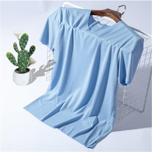 Mens t-shirt thin section short-sleeved summer Ice silk ribbed traceless T-shirt without trace Slim stretch V-neck solid color