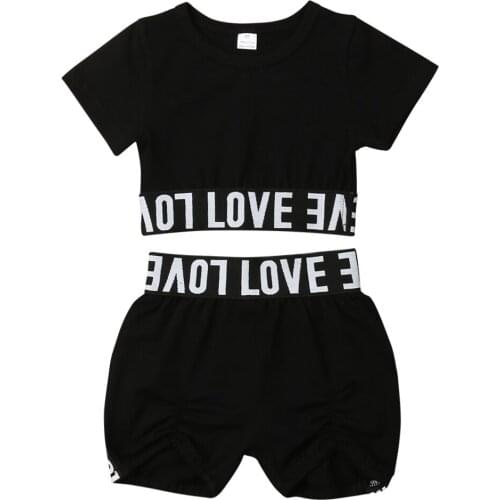 1-7Y Infant Kids Baby Girls Clothes 2PCS Letter Short Sleeve Pullover T-Shirts Crops Tops+Shorts Summer Casual