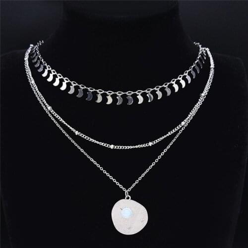 3PCS Boho Moon Star Astrology Moonstone Stainless Steel Necklaces Layered Necklace Jewelry collar piedras naturales NXS04