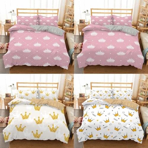 Cute Crown Pattern 2/3pc 3D Bedding Set Printing Cartoon Kids Luxury Duvet Cover King Queen Single Size Home Textiles Bedclothes