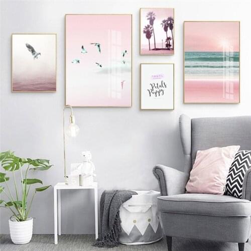 Nordic Modern Pink Sunset Seabird Palm Tree Sea Art Letter Picture Canvas Painting for Living Room Bedroom Wall Art Decor Poster