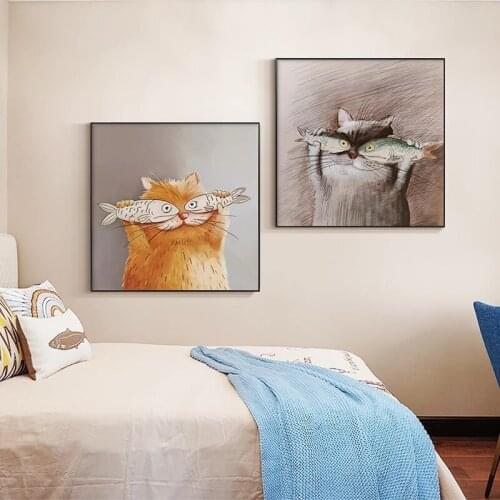 Cartoon Funny Fish and Cat Art Posters and Prints Modern Selfie Animal Canvas Painting Wall Picture forKids Bedroom Home Decor