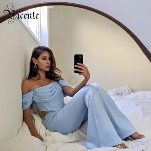 VC All Free Shipping New Chic Sky Blue Two Pieces Suit Draped Design Sexy Off Shoulder Celebrity Party Bandage Suit