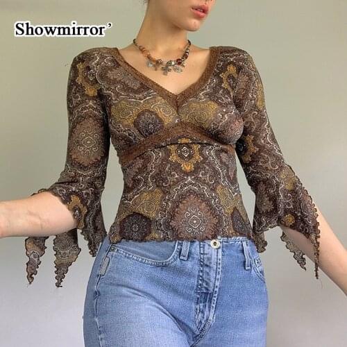 Showmirror Vintage Lace Mesh Tops Flare Sleeve Shirt Floral Print Y2K T-Shirts Woman Sexy V Neck Elegant Tee Shirts Elegant