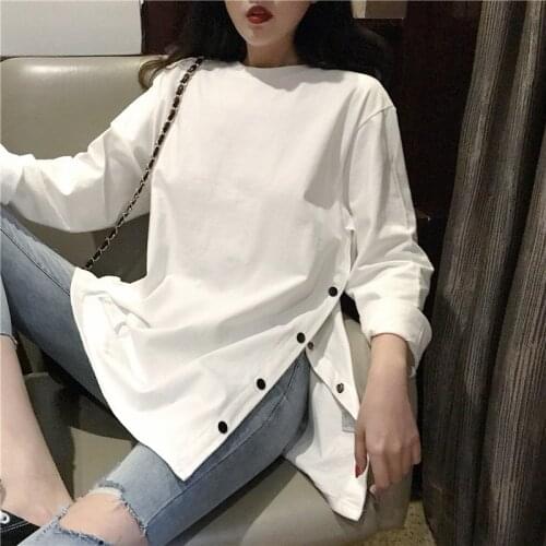 Women T Shirts Long style Full Sleeve Split Slit Hem Buttons Round Neck Tops Black White Tees Oversized Loose Clothes Spring
