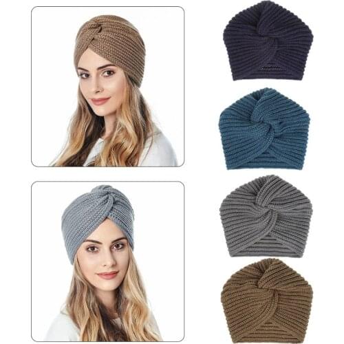 Women Muslim Winter Crochet Knitted Turban Beanie Hat Twist Cross Knotted Solid Color Casual Warm Chunky Skull Cap Wrap