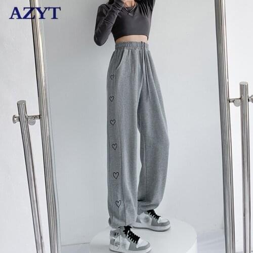 AZYT 2021 Autumn High Waist Women Sweatpants Love Print Loose Straight Pants Female Casual Sport Pants Women Trousers