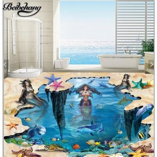 Beibehang Custom floor drawing 3d beach mermaid underwater world 3d floor tiles three-dimensional painting 3d flooring wallpaper