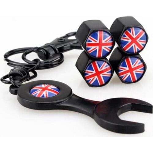 4pcs Car Accessories Wheel Valve Stems Caps 1pc Wrench Dust Air Cover British Flag for MINI One MINI Coopers Cabrio MINI Series
