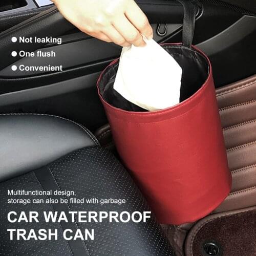 Car Trash Can Foldable Leather Leak Proof Waterproof Car Dust Bin Bucket Hanger Garbage Container Pocket Auto Clean Accessories