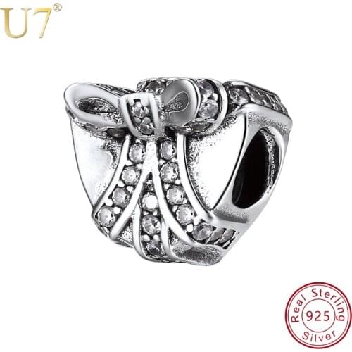 U7 925 Sterling Silver Beads Heart With 3D Bow Big Hole Fit Charms Bracelet DIY Jewelry Making Accessories Christmas Gift SC245