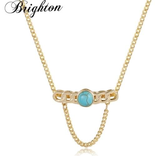 Brighton Unusual Vintage Bijou Metal Blue Stone Pendant Necklaces For Women Party Jewelry Chain Choker Punk Fashion Accessories