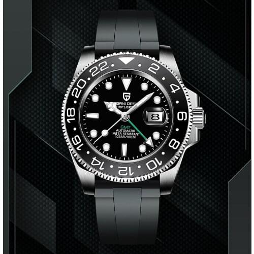 PAGANI DESIGN Top Brand Mens Fashion GMT Watch Stainless Steel Crystal Glass Waterproof 100M Mechanical Watch Sports Watch