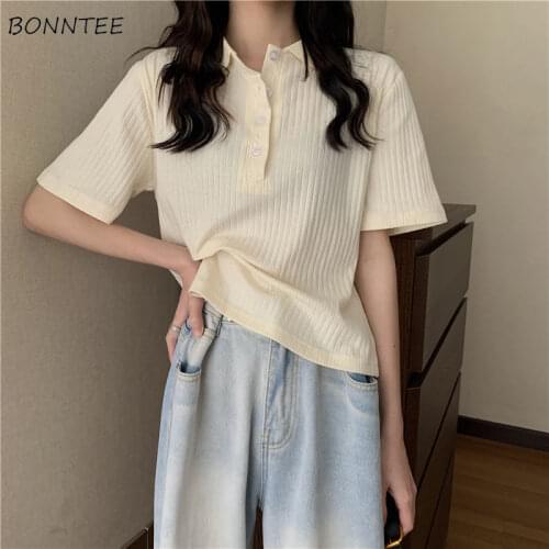 T-shirts Women 3 Colors Loose Oversize Ulzzang Female Trendy Turn-down Collar Leisure Buttons Crop Top All-match Students Summer