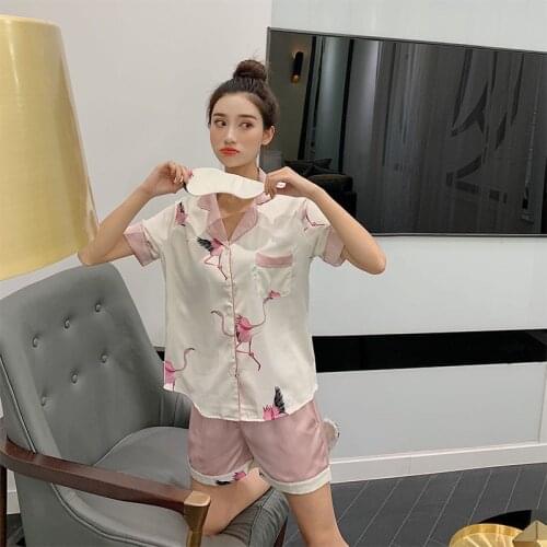 Recommend Womens Short-sleeved Shorts Pajamas Suit Crane Satin Printing Sleepwear Loungewear Women Sexy Home Clothes 2 Piece