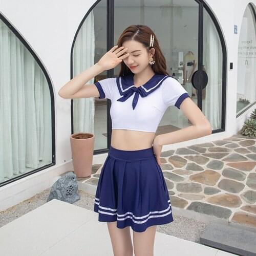 Three Piece Lovely Japanese School Swimsuit With Skirt Short Sleeve Swimwear Women Korean Bathing Suit Costume Da Bagno Swimming