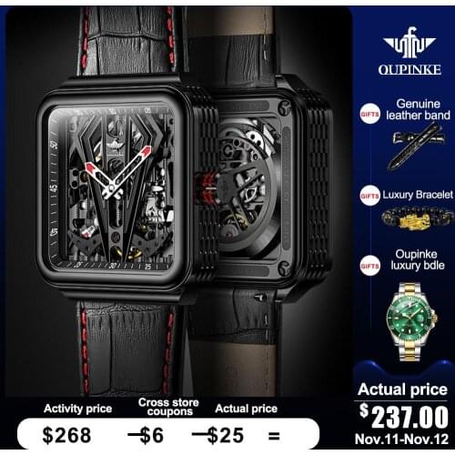 OUPINKE Skeleton Mechanical Watch Automatic Tourbillon Business Sapphire Crystal Square Leather Transparent sports Wristwatch