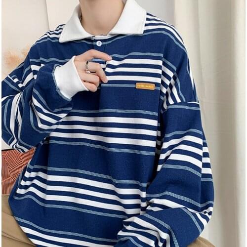 Mens autumn new style Hong Kong style simple striped contrast color loose all-match POLO shirt long-sleeved lapel sweater
