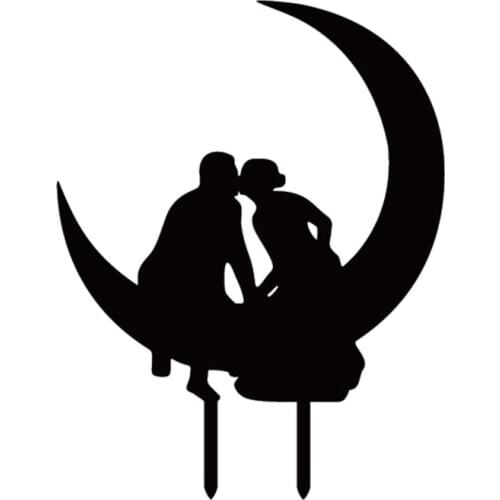 Bride Kissing Groom on the Moon Black Acrylic Cake Toppers Fiance & Fiancee Engagement Wedding Party Decoration Cake Accessory