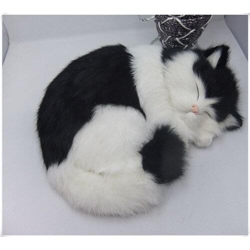 New simulation sleeping cat toy polytene & fur black and white cat toy gift 25x21cm 0736