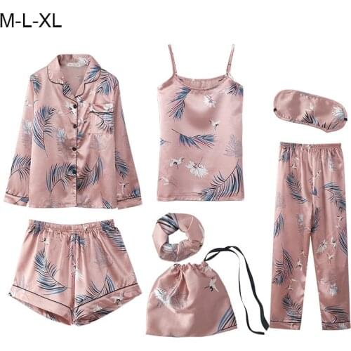 Summer New Imitation Silk Stripe Spring And Autumn Long-sleeved Cardigan Pajamas 7PC Soft Vintage Ladies Pajamas