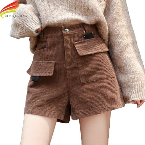 New 2020 Winter Corduroy Shorts For Women High Elastic Waist Pockets Wide Leg Shorts Femme Pink Green Brown 7 Color Woman Shorts