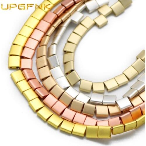 UPGFNK Matte Natural Stone Two hole Gold Flat Square Hematite Beads 5x5mm Loose Spacers Beads For Jewelry Making Diy bracelets