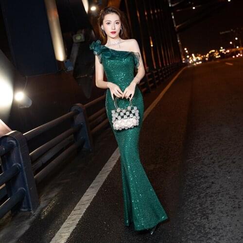 Green Sequins Evening Dress One-Shoulder Luxurious Simple Floor-Length Mermaid Sleeveless Plus size Women Formal Party Gown C882