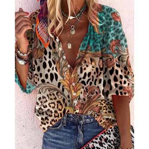 2021 Women Plus Size Leopard Print V-Neck 3/4 Sleeves Button Up Casual Shirt Blouse