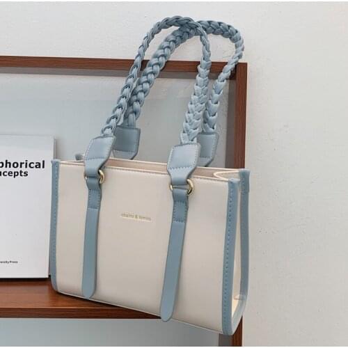 Contrast Color Tote Bags for Women 2021 Fashion Woven Handle Luxury Designer Handbags Pu Leather Shoulder Bag Ladies Hand Bag