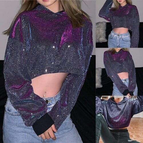 Womens Fashion Bright Silk Loose Hooded Short Sweater Blue