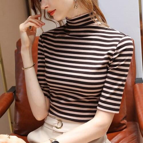 Fashion All-Match Striped High Neckline Pullover Half Sleeve Casual Elegant Office Lady Slim Fit Women Inside T-Shirt Clothing