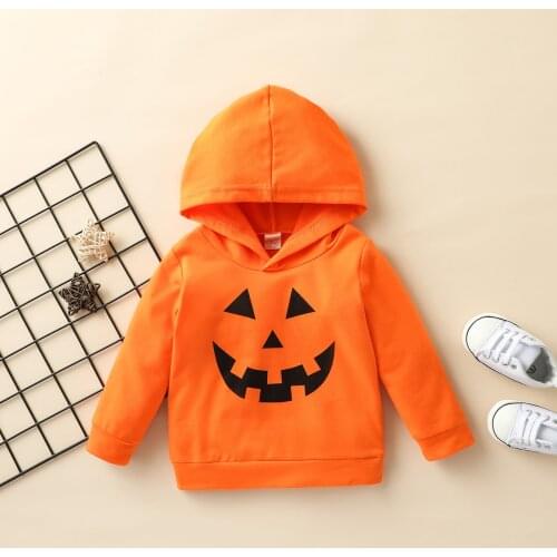 Children Halloween Hoodie Orange Pumpkin Face Printed Pattern Long Sleeve Hooded Pullover for 1-6Y